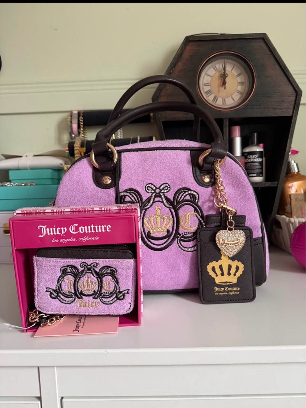 Juicy Couture Lavender Pink & Black Crown Embroidered Handbag Bowler wallet Set